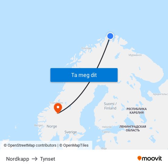 Nordkapp to Tynset map