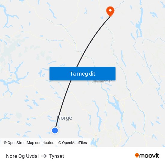 Nore Og Uvdal to Tynset map