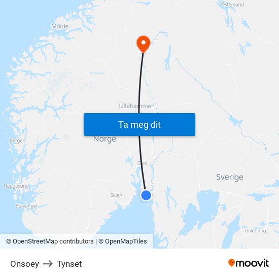 Onsoey to Tynset map