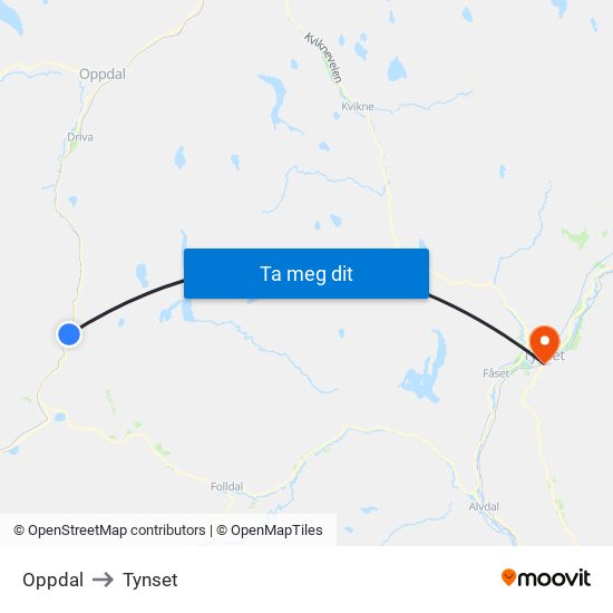 Oppdal to Tynset map