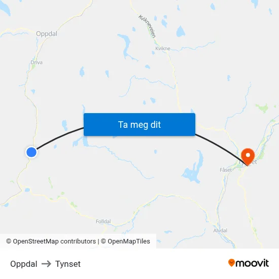 Oppdal to Tynset map