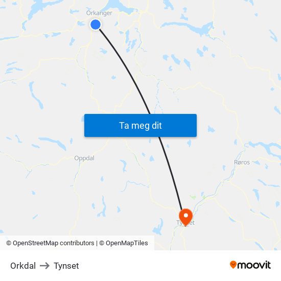 Orkdal to Tynset map