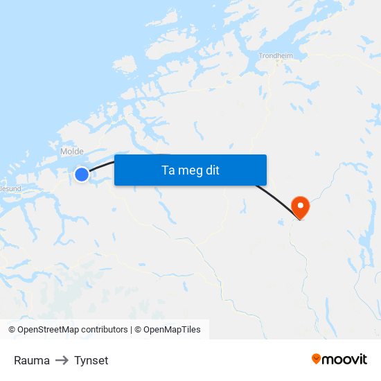 Rauma to Tynset map