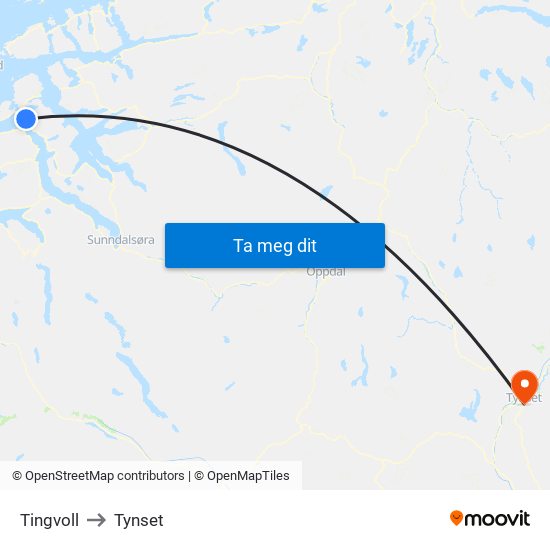 Tingvoll to Tynset map