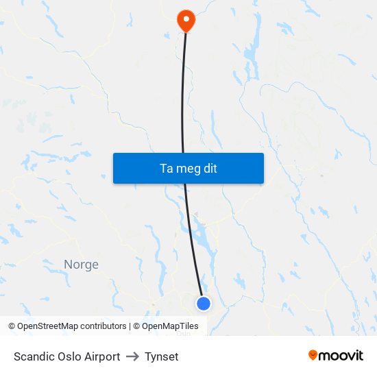 Scandic Oslo Airport to Tynset map