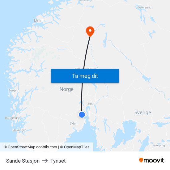 Sande Stasjon to Tynset map