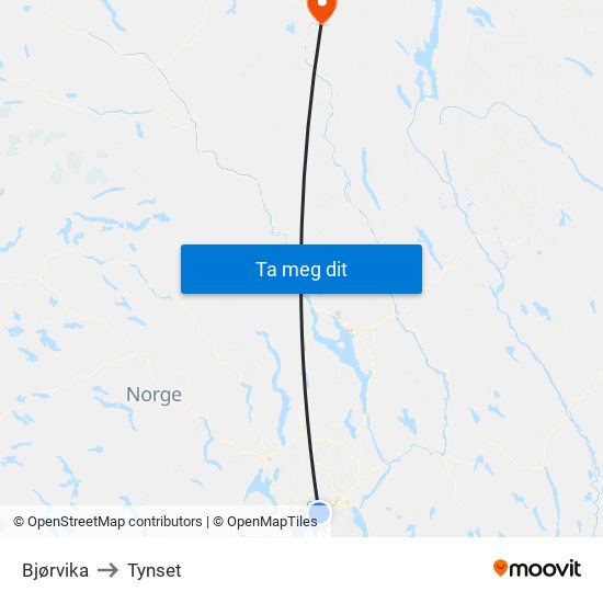 Bjørvika to Tynset map