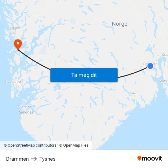 Drammen to Tysnes map