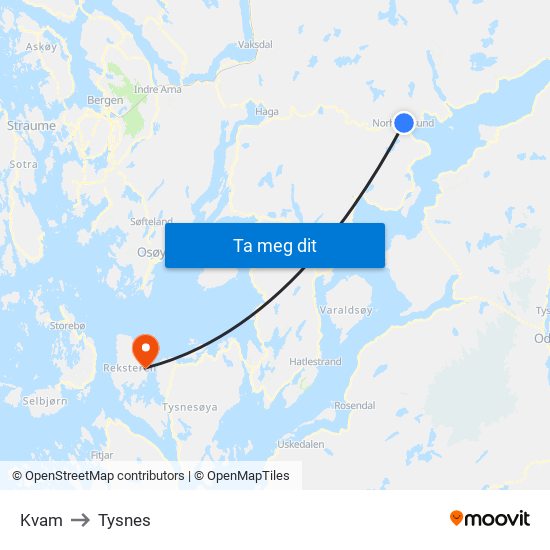 Kvam to Tysnes map