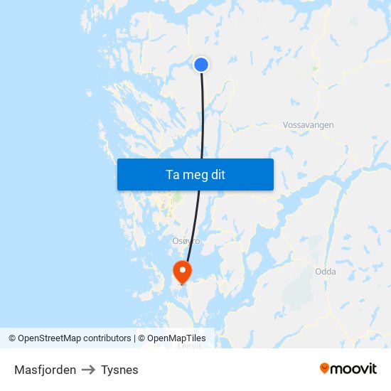 Masfjorden to Tysnes map