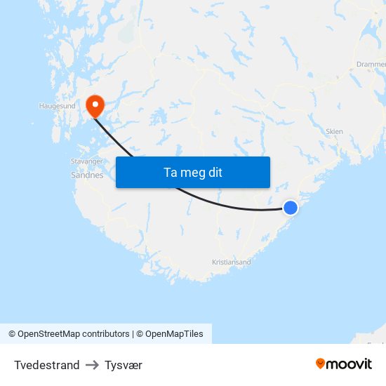 Tvedestrand to Tysvær map