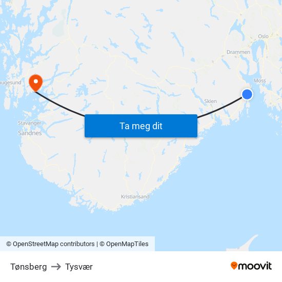 Tønsberg to Tysvær map