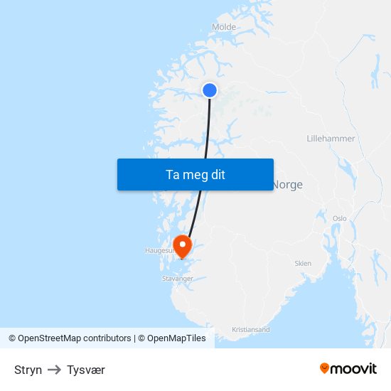 Stryn to Tysvær map