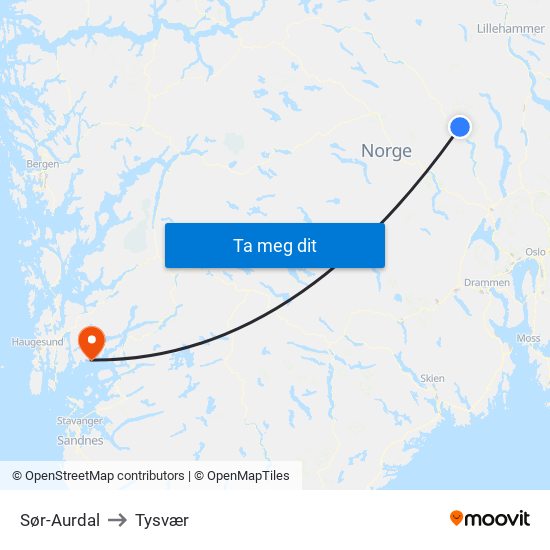 Sør-Aurdal to Tysvær map