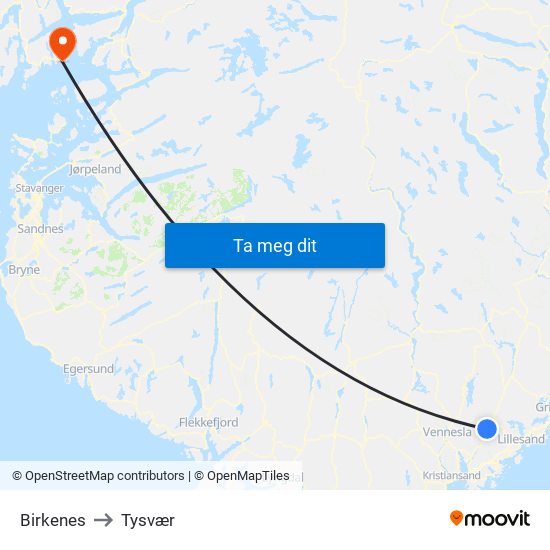 Birkenes to Tysvær map