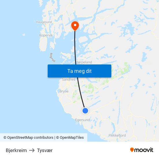 Bjerkreim to Tysvær map