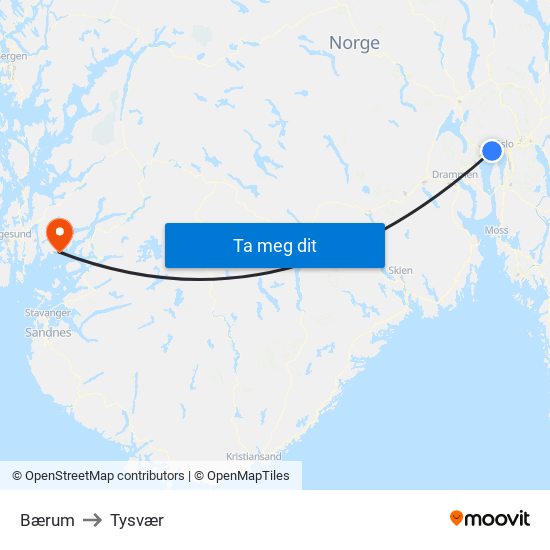 Bærum to Tysvær map