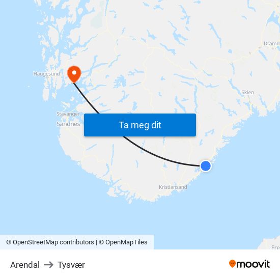 Arendal to Tysvær map