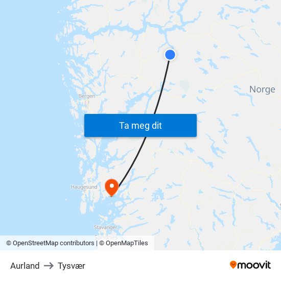 Aurland to Tysvær map