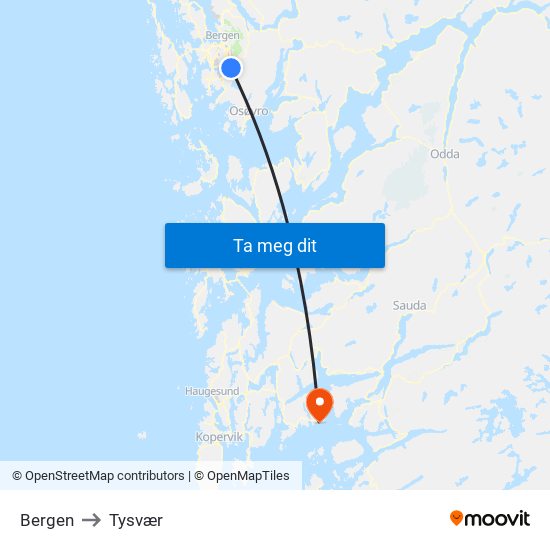 Bergen to Tysvær map