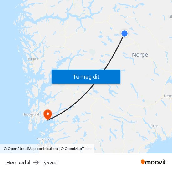 Hemsedal to Tysvær map