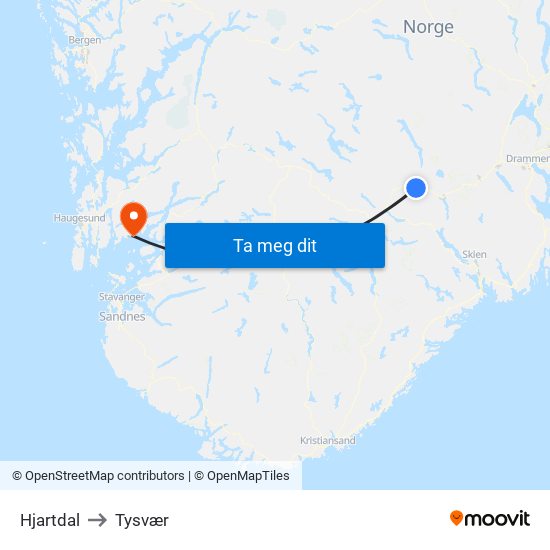 Hjartdal to Tysvær map