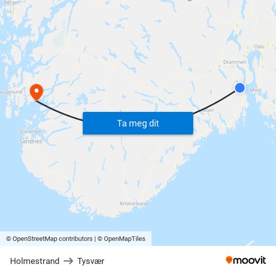 Holmestrand to Tysvær map