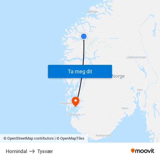 Hornindal to Tysvær map