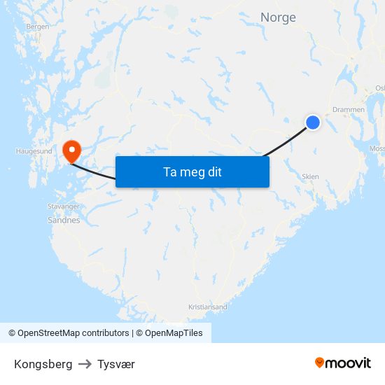 Kongsberg to Tysvær map
