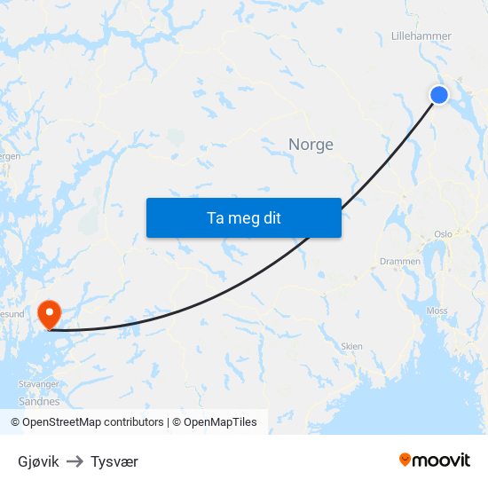 Gjøvik to Tysvær map