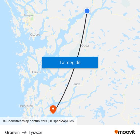 Granvin to Tysvær map