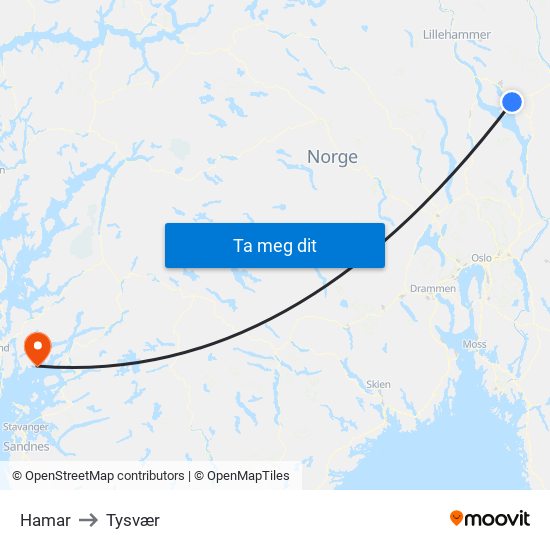 Hamar to Tysvær map