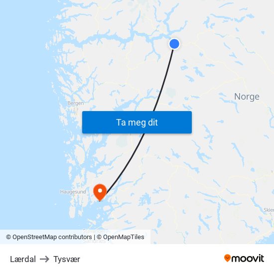 Lærdal to Tysvær map
