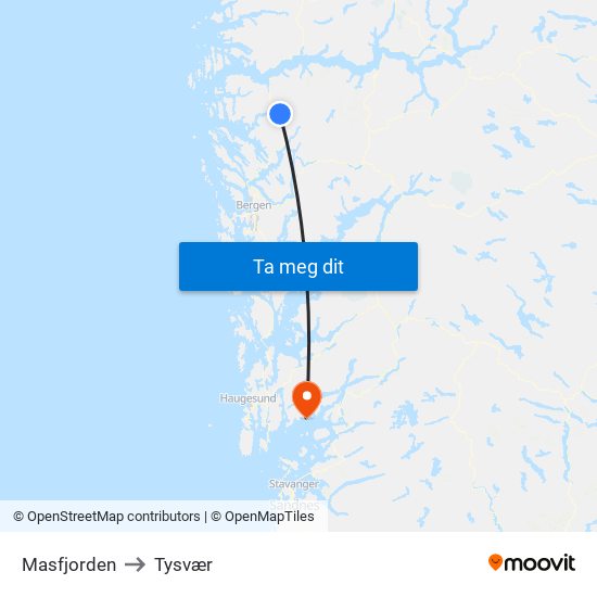 Masfjorden to Tysvær map