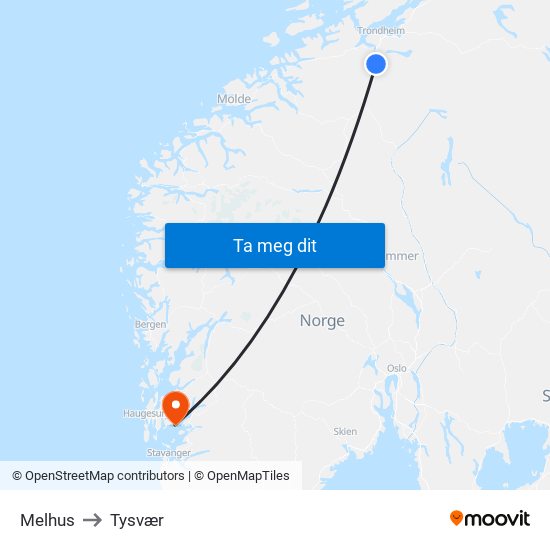 Melhus to Tysvær map
