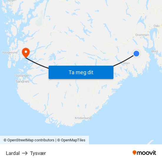 Lardal to Tysvær map
