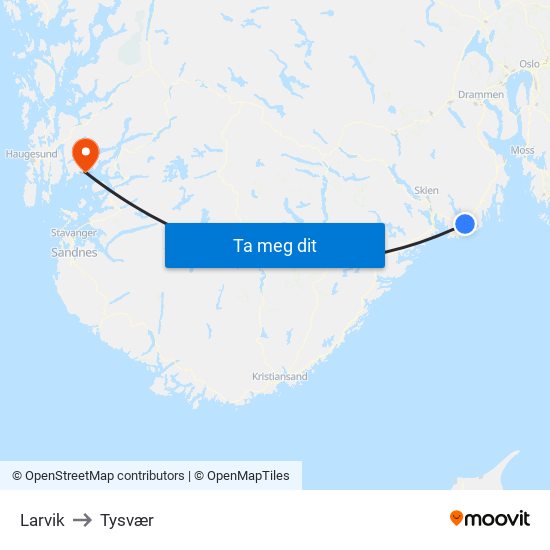 Larvik to Tysvær map