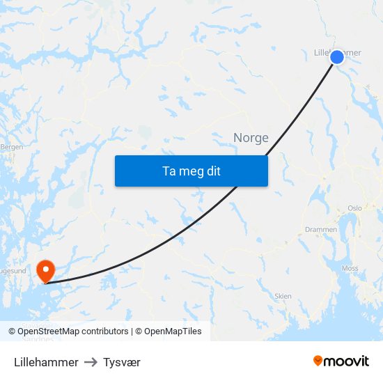 Lillehammer to Tysvær map