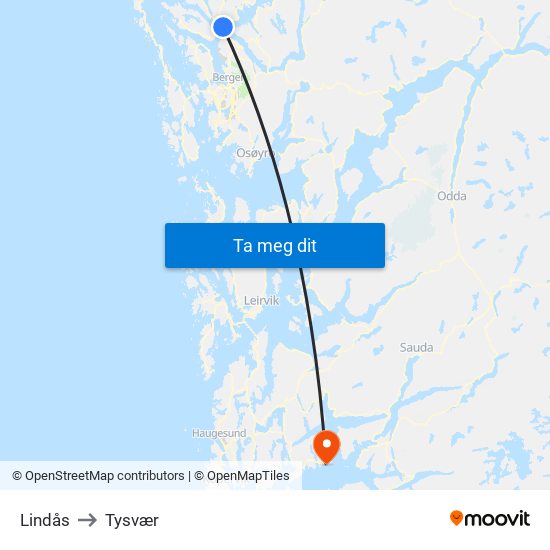 Lindås to Tysvær map