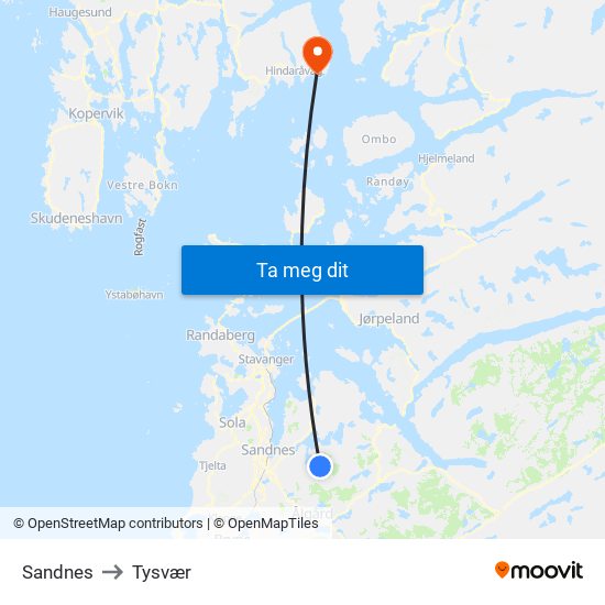 Sandnes to Tysvær map