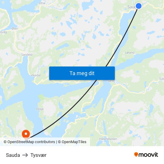 Sauda to Tysvær map