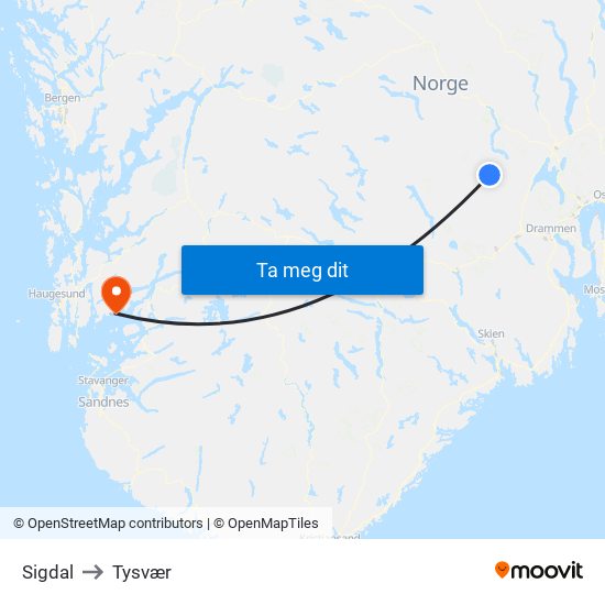 Sigdal to Tysvær map