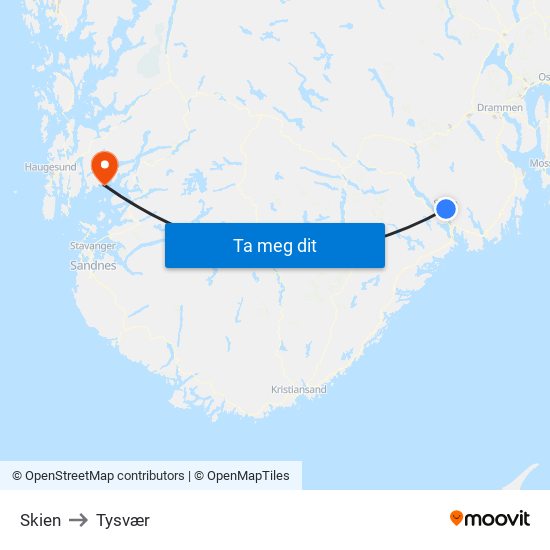 Skien to Tysvær map