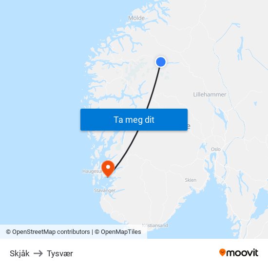 Skjåk to Tysvær map