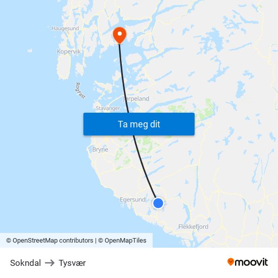 Sokndal to Tysvær map