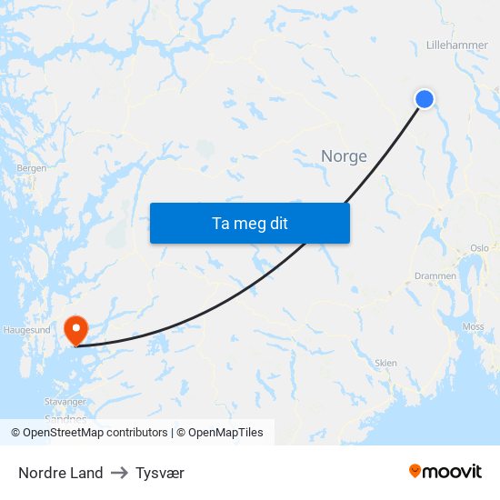 Nordre Land to Tysvær map