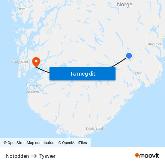 Notodden to Tysvær map