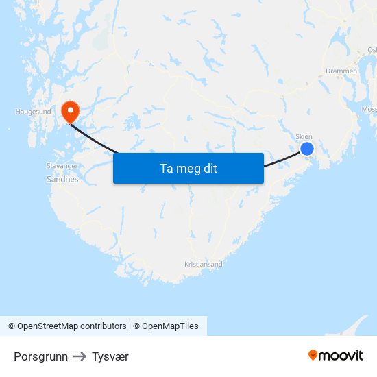 Porsgrunn to Tysvær map