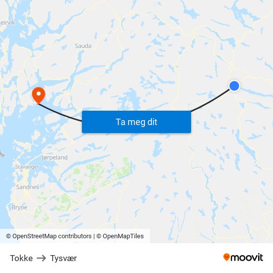 Tokke to Tysvær map
