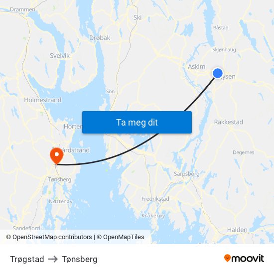 Trøgstad to Tønsberg map